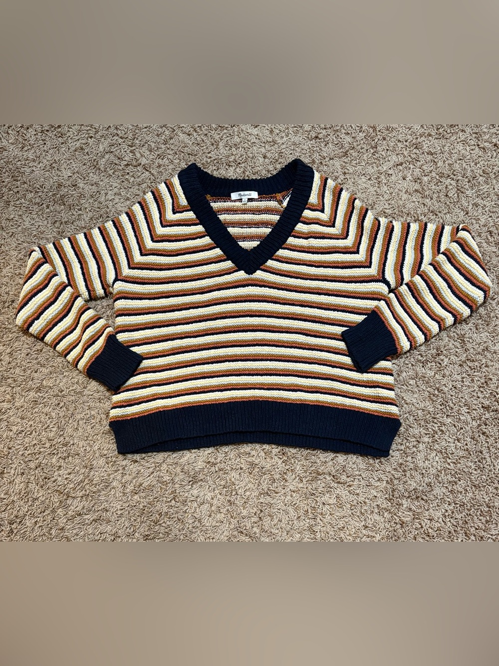 Madewell Arden V-Neck Crop Pullover Sweater Striped Womens size small 100%cotton